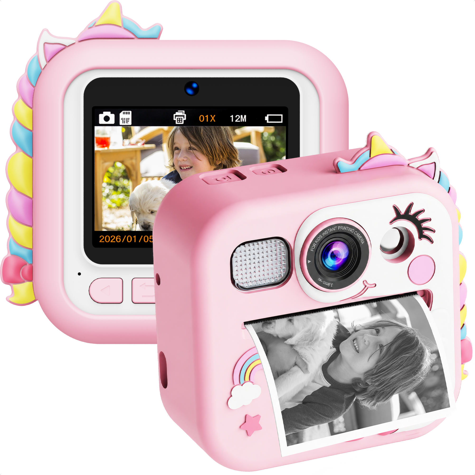 Een roze eenhoorn instant camera print een zwart-wit foto van een jongen en een hond.