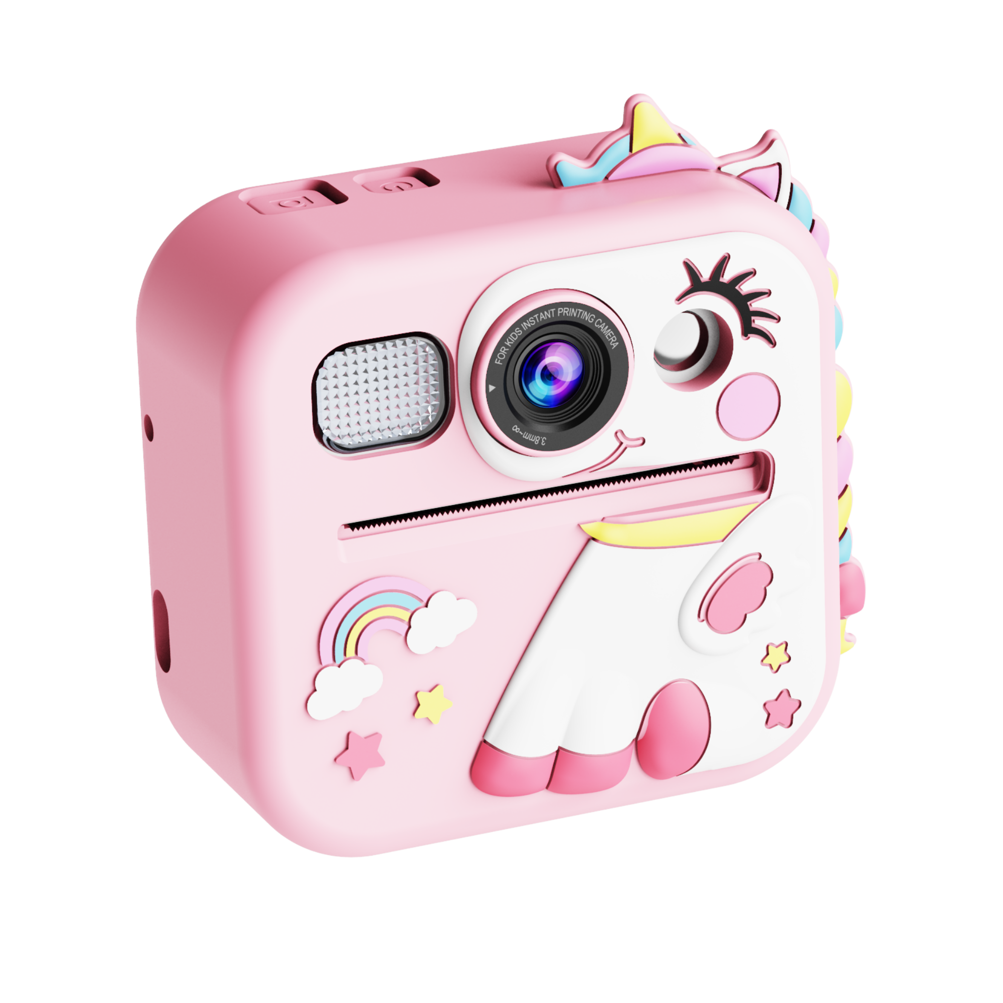 Een roze eenhoorn camera voor kinderen, versierd met regenboog en sterren.