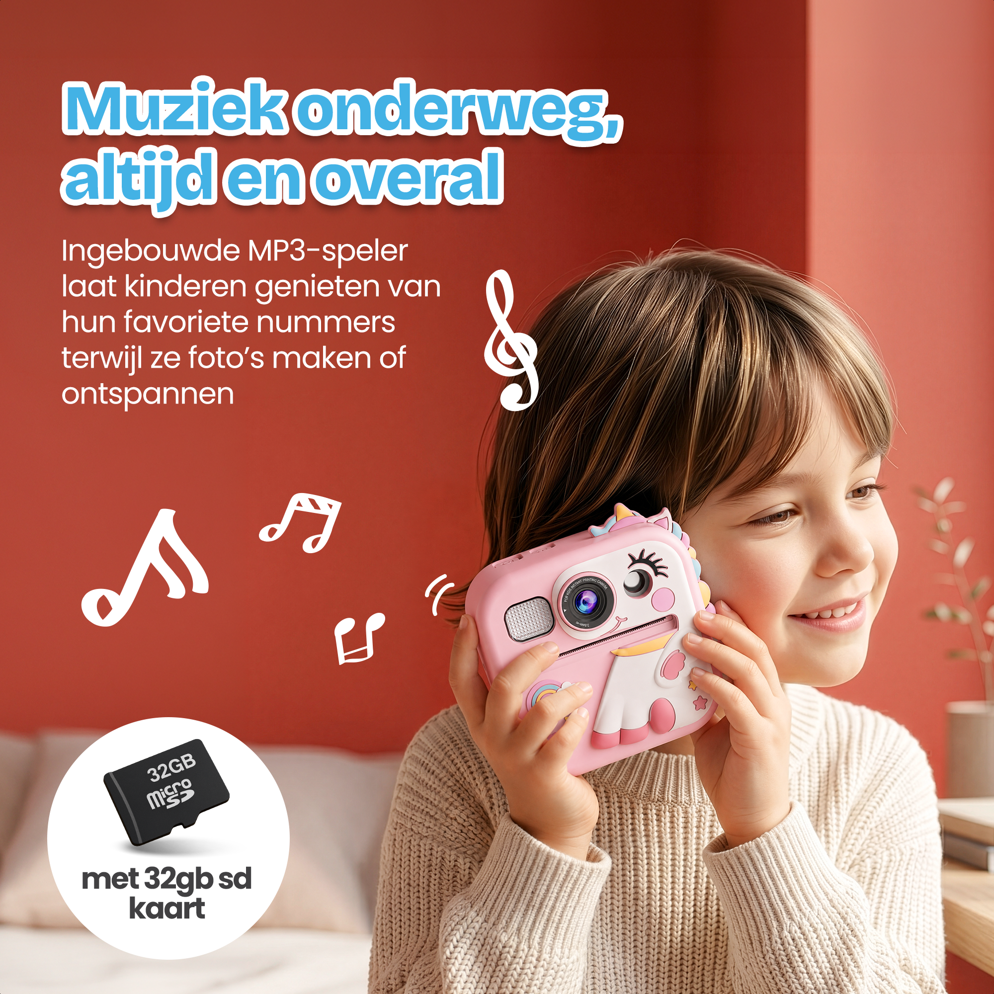 Een meisje houdt een roze eenhoorncamera vast en luistert muziek. Een 32GB SD-kaart wordt getoond.