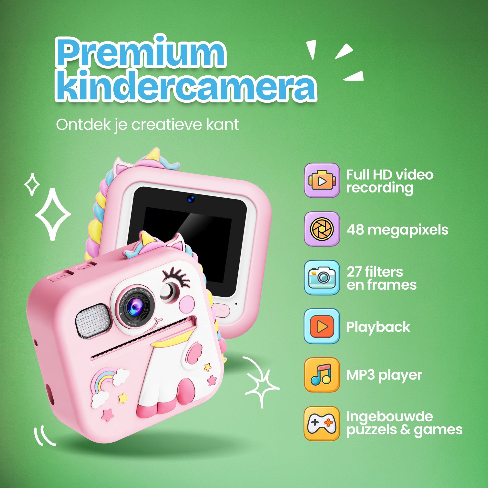 Een roze eenhoorn kindercamera met functies zoals Full HD video-opname.