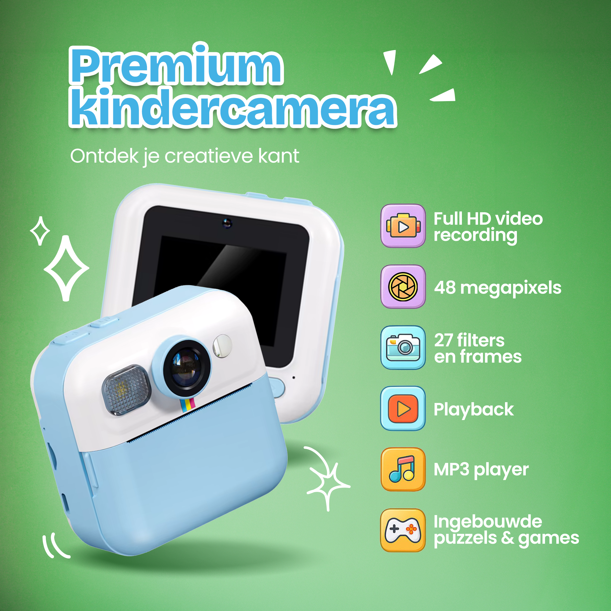 Blauw-witte kindercamera met Full HD video, 48MP, 27 filters, weergave, MP3, spellen.