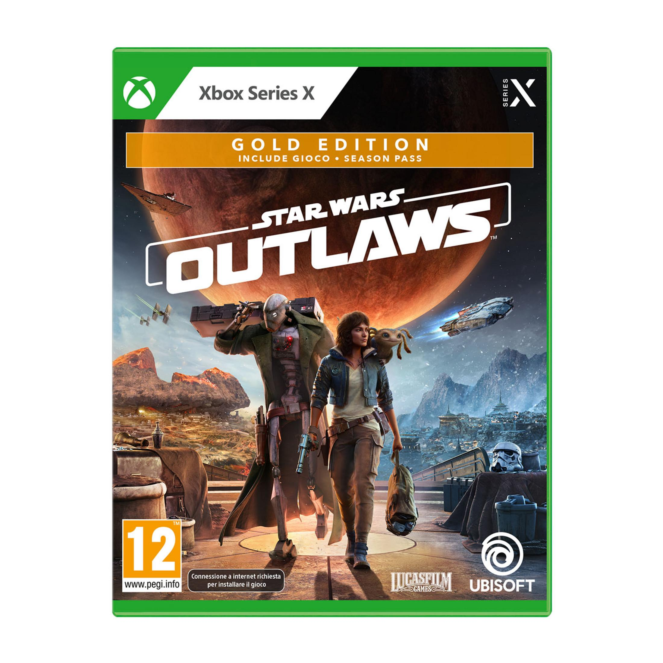 Custodia Xbox Series X per Star Wars Outlaws Gold Edition. Due personaggi in primo piano.