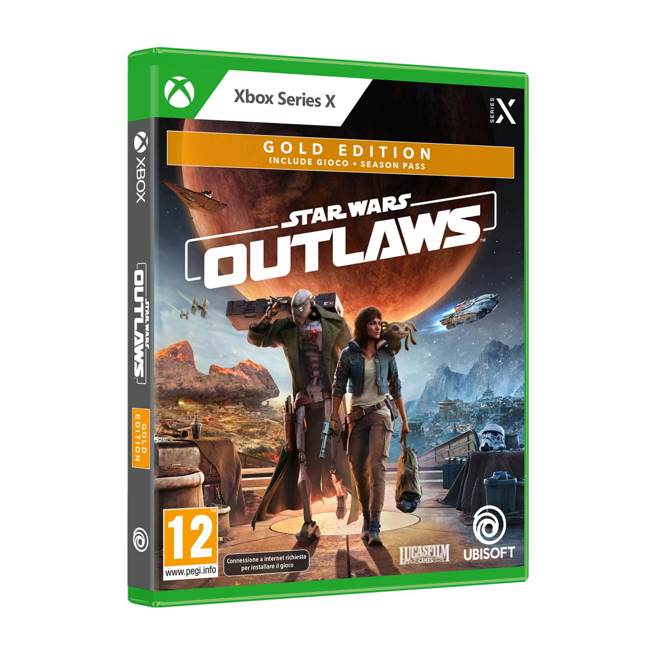 Custodia Xbox Series X Star Wars Outlaws Gold Edition con due personaggi e astronavi.