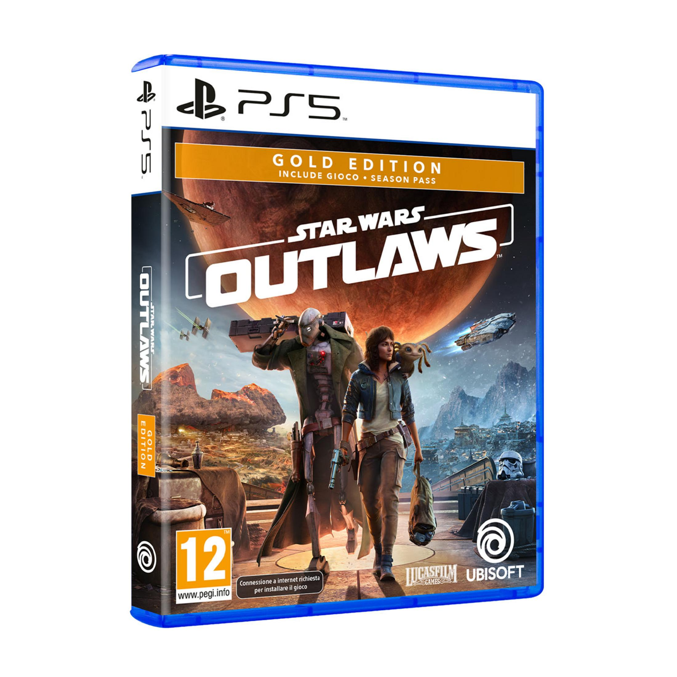 Custodia PS5 per Star Wars Outlaws Gold Edition con due personaggi e un'astronave.