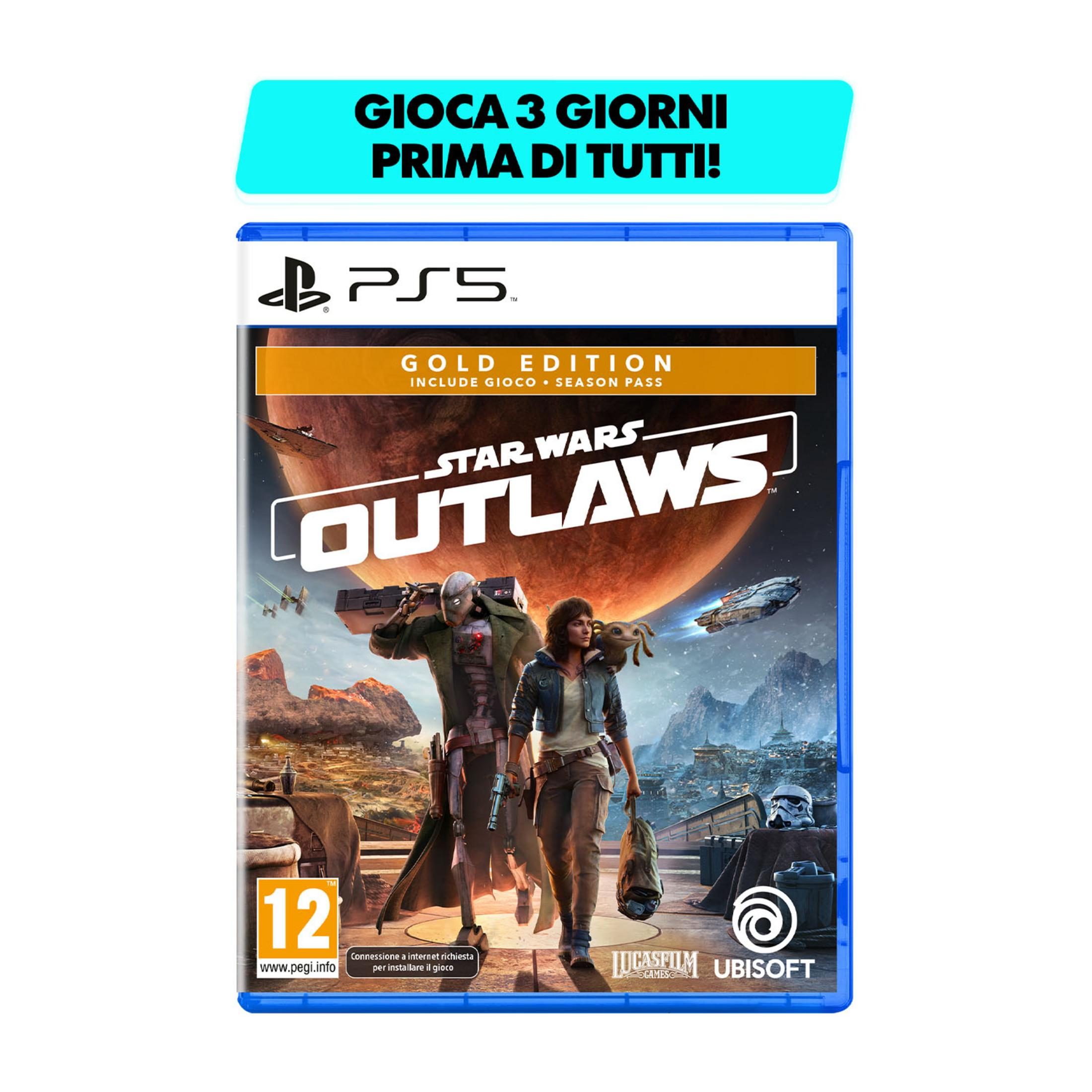 Copertina gioco PS5 Star Wars Outlaws Gold Edition con due personaggi, astronavi e paesaggio desertico.