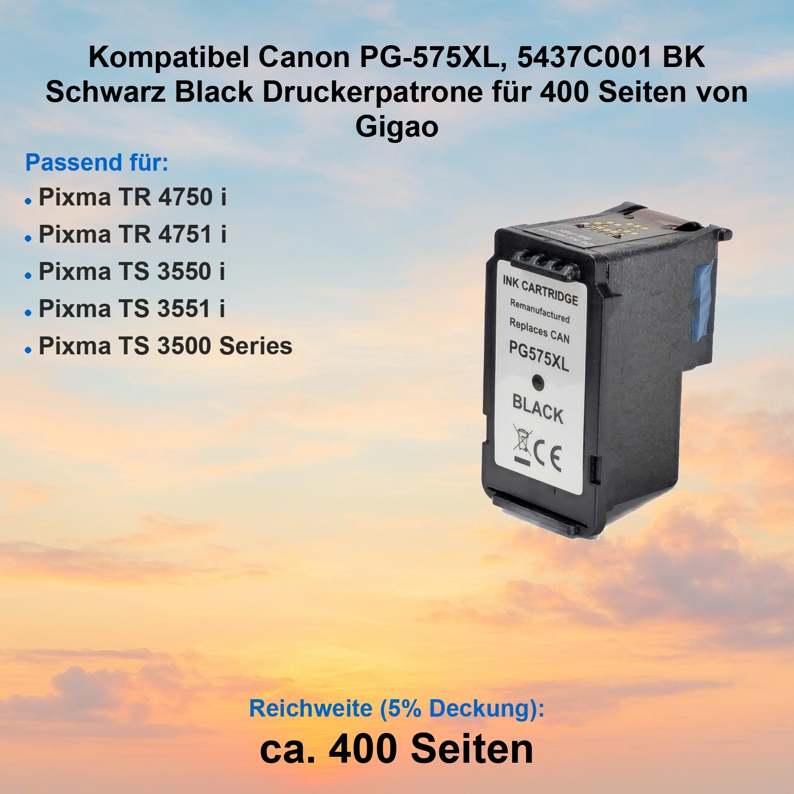 Schwarze Tintenpatrone PG-575XL für Canon Pixma Drucker, Reichweite 400 Seiten.