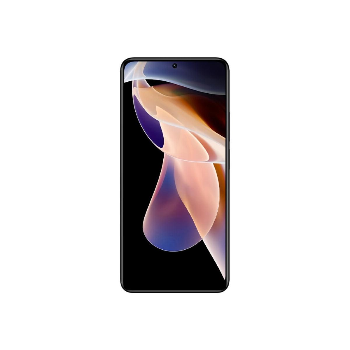 Ein schwarzes Smartphone mit einem abstrakten, farbigen Hintergrund auf dem Bildschirm.