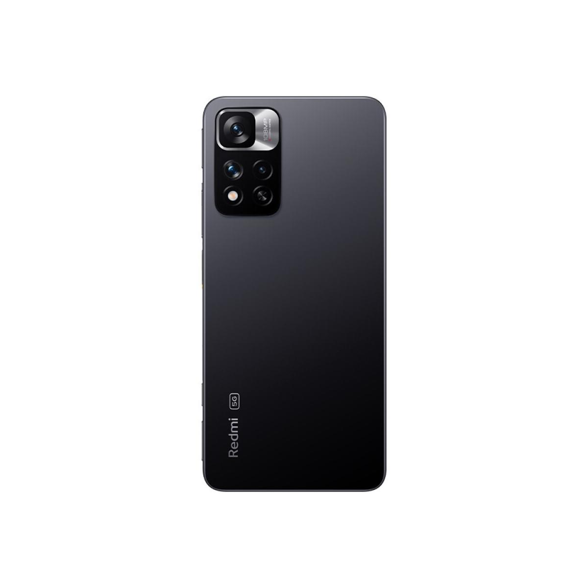 Rückseite eines dunklen Smartphones mit vier Kameras und Redmi-Logo.