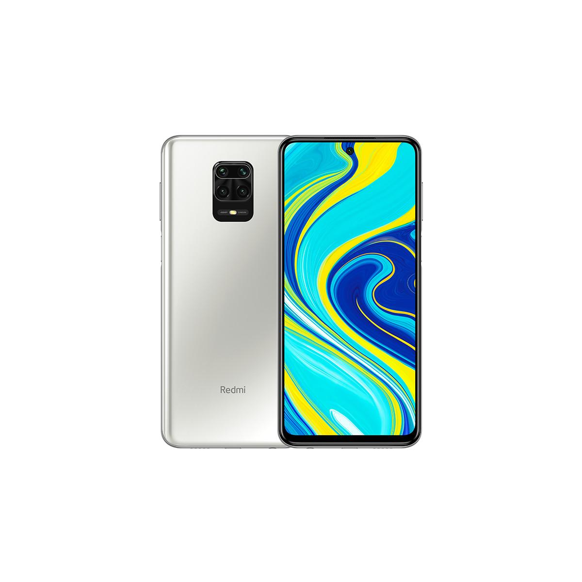 Ein silbernes Redmi-Smartphone wird von vorne und hinten gezeigt. Der Bildschirm zeigt ein buntes abstraktes Design.
