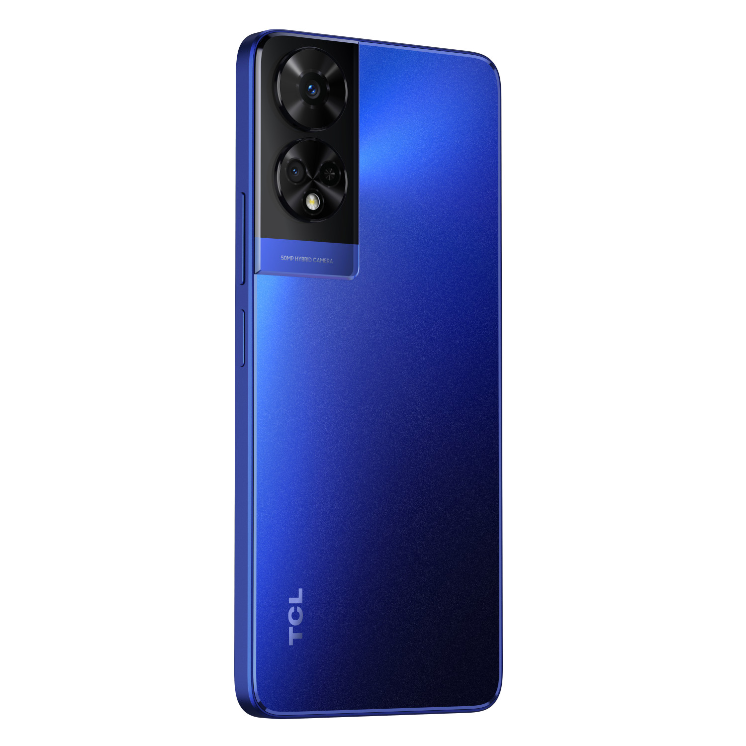 Uno smartphone TCL blu con modulo a doppia fotocamera sul retro.