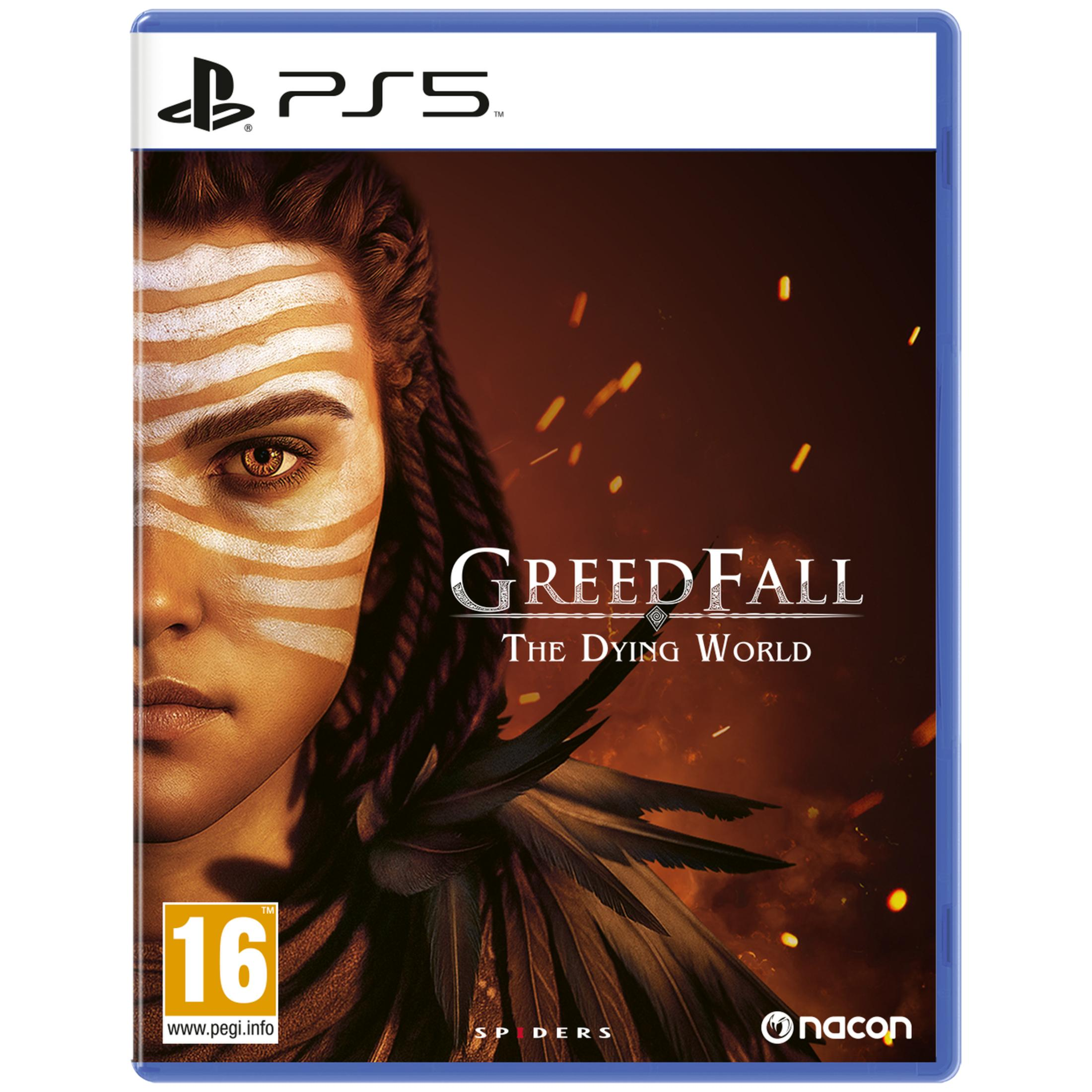 Copertina gioco GreedFall PS5 con volto di donna, pittura bianco-arancio e ali.
