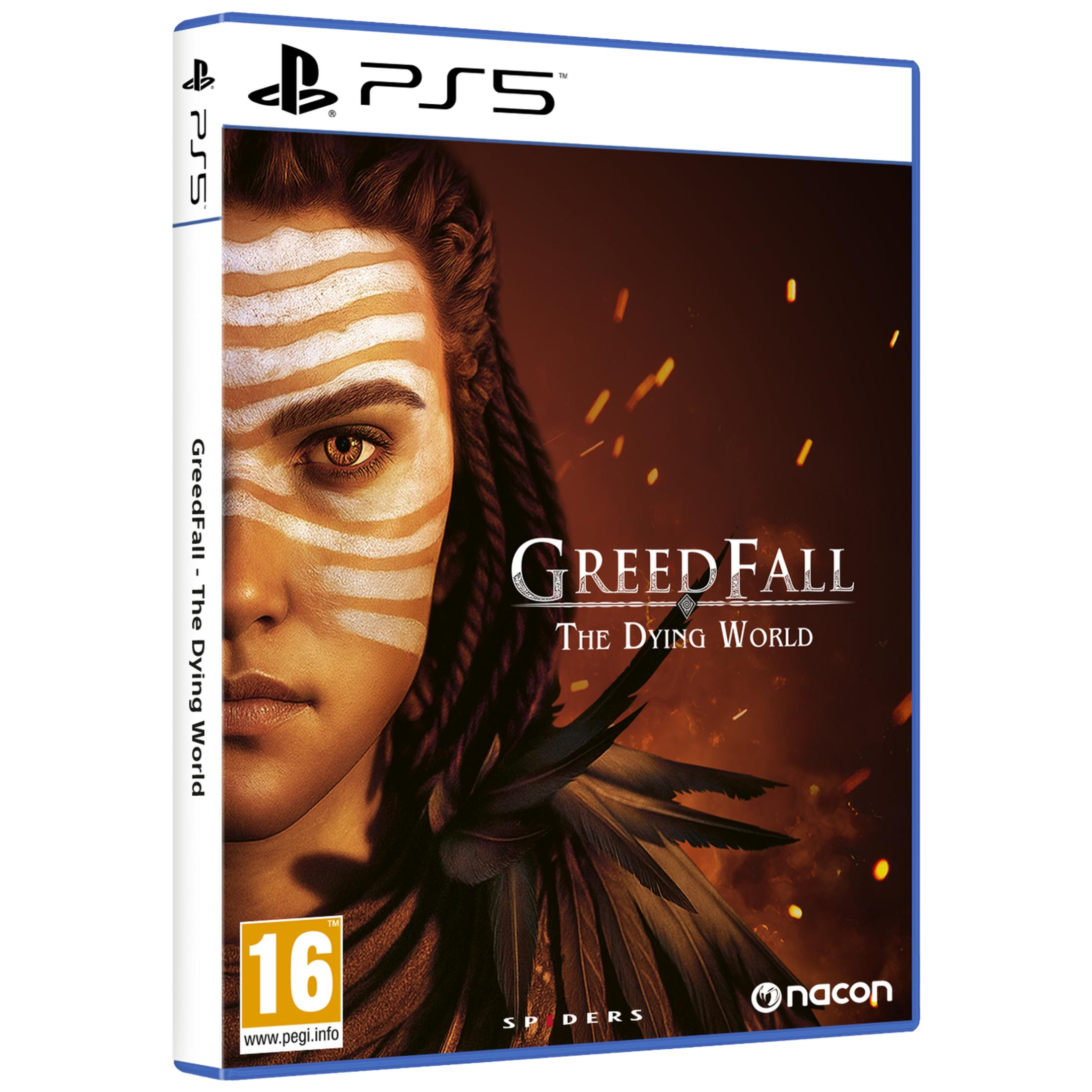 Custodia gioco PS5 per GreedFall: The Dying World, con donna dipinta e sfondo infuocato.