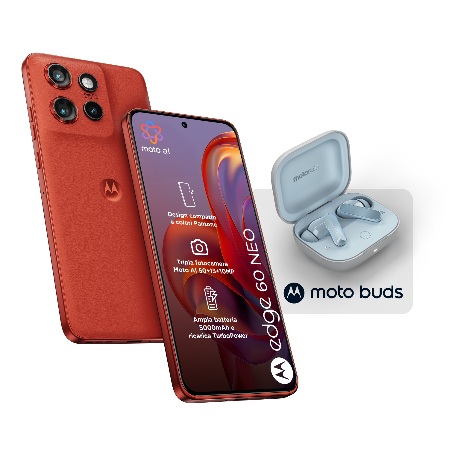 Orange Motorola Edge 60 Neo Handy mit Kopfhörern. Die Kamera hat 3 Linsen.