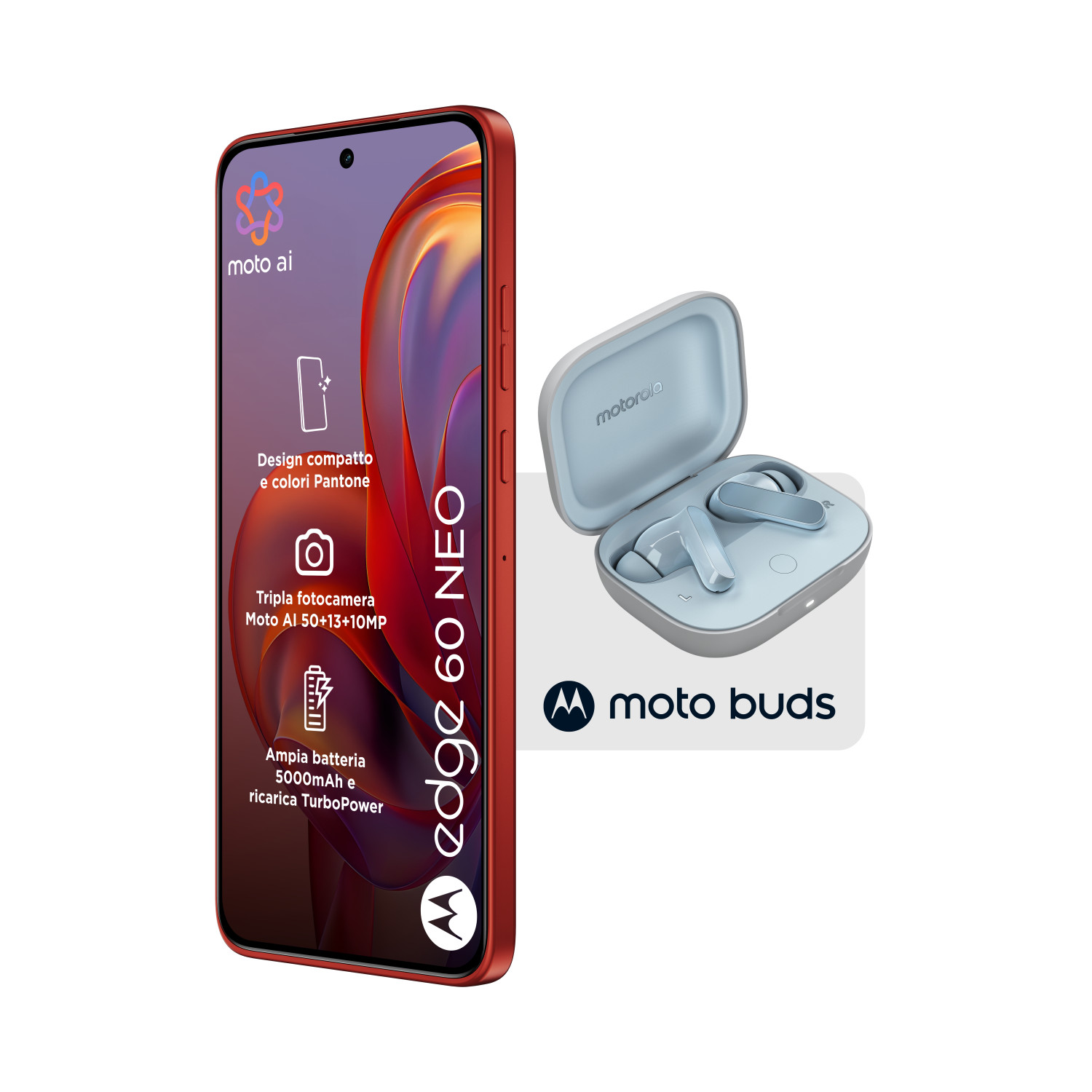 Ein rotes Motorola Smartphone mit Kopfhörern in einem hellblauen Etui.