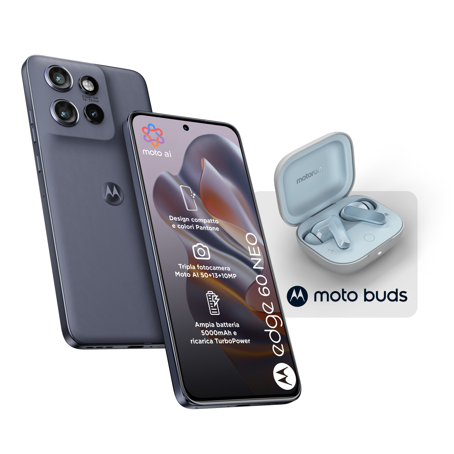 Dunkelgraues Motorola Smartphone und Ohrhörer in einer hellblauen Ladebox.