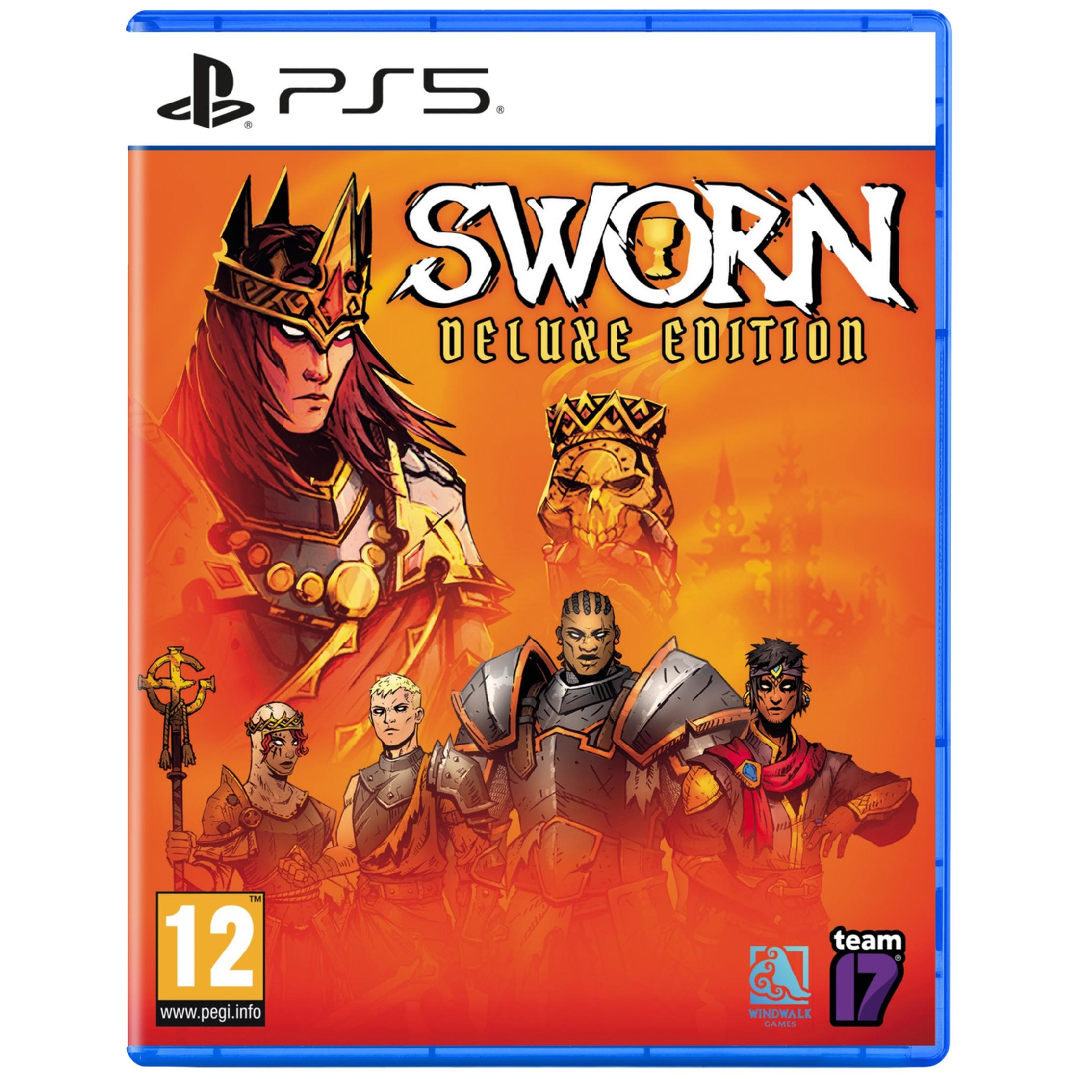 Copertina gioco PS5 con 5 guerrieri e teschio con corona su sfondo arancione.