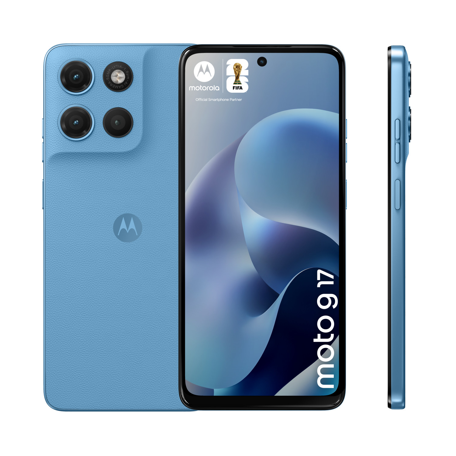 Uno smartphone Motorola Moto G17 blu mostrato frontalmente, posteriormente e lateralmente.