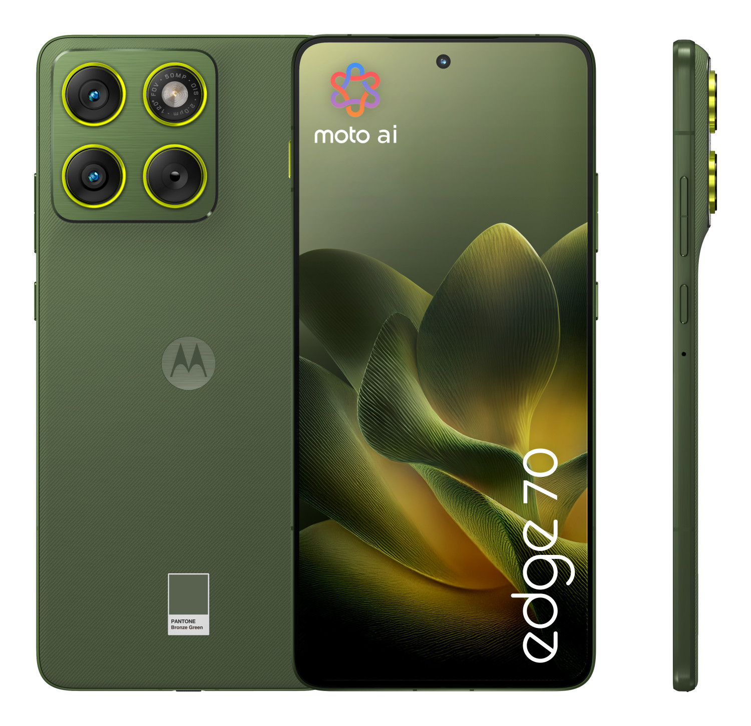 Grünes Motorola Edge 70 Smartphone, Rückseite mit vier Kameras, Vorderseite mit Logo.