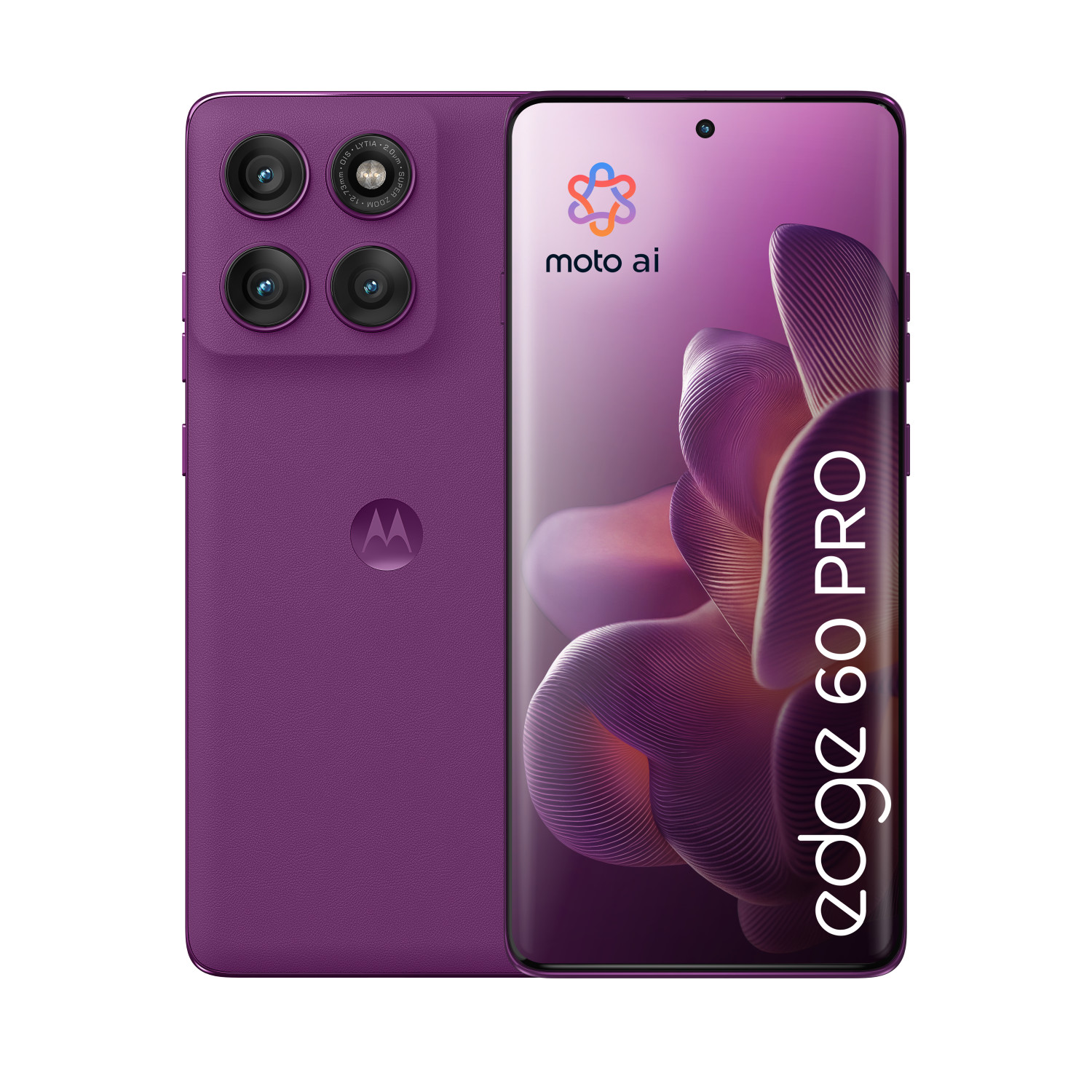 Ein lila Motorola Edge 60 Pro Smartphone mit vier Kameras auf der Rückseite.