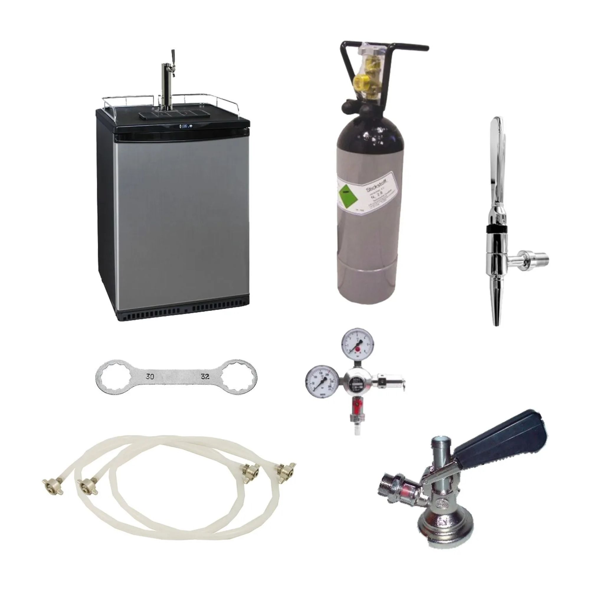 Réfrigérateur à bière, bouteille de gaz, détendeur, tuyaux, clé et robinet.