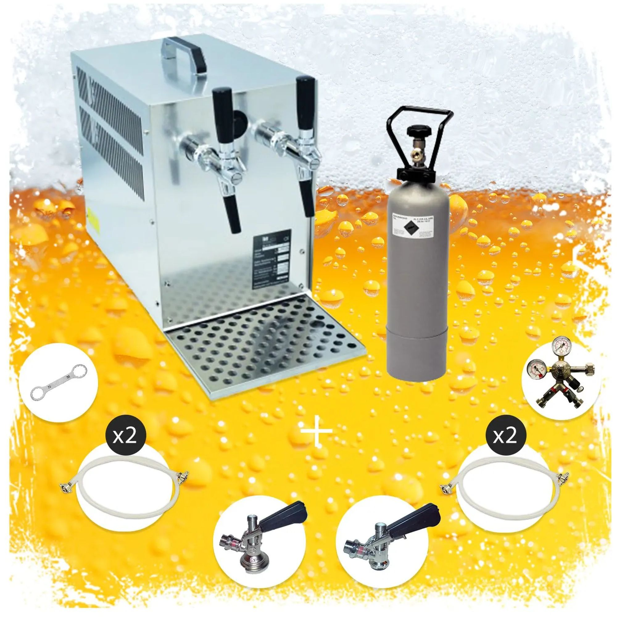 Distributeur de bière avec bouteille de CO2, tuyaux, robinets et clé sur fond de bière.