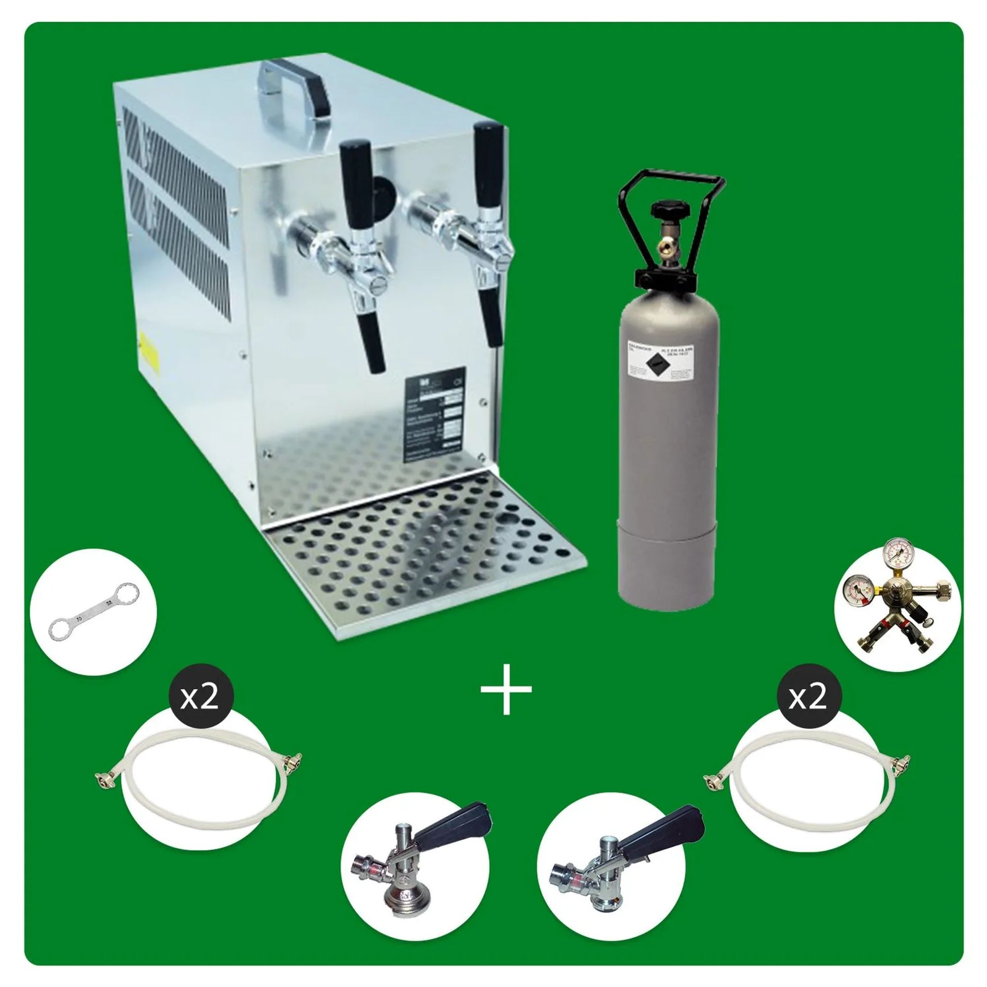 Système de double robinet à bière avec bouteille de CO2, détendeur, tuyaux et clé.