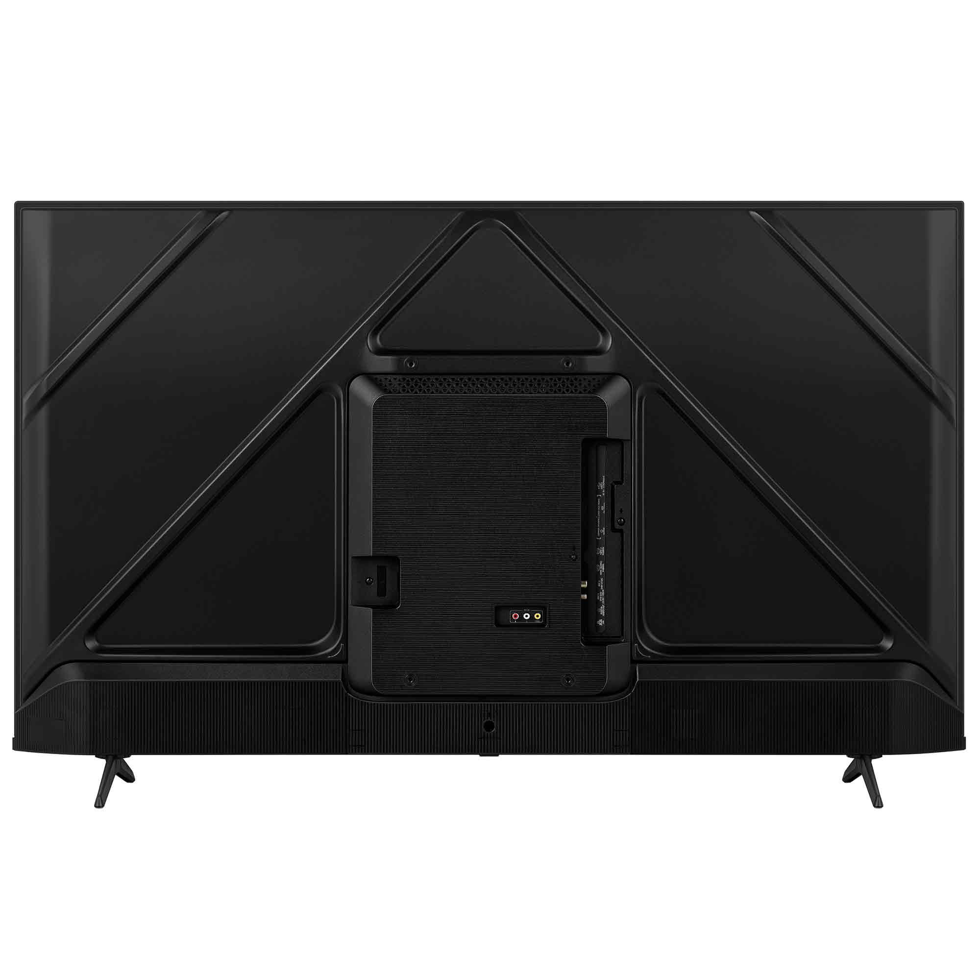 Rückseite eines schwarzen Fernsehers mit Anschlüssen und Standfüßen.