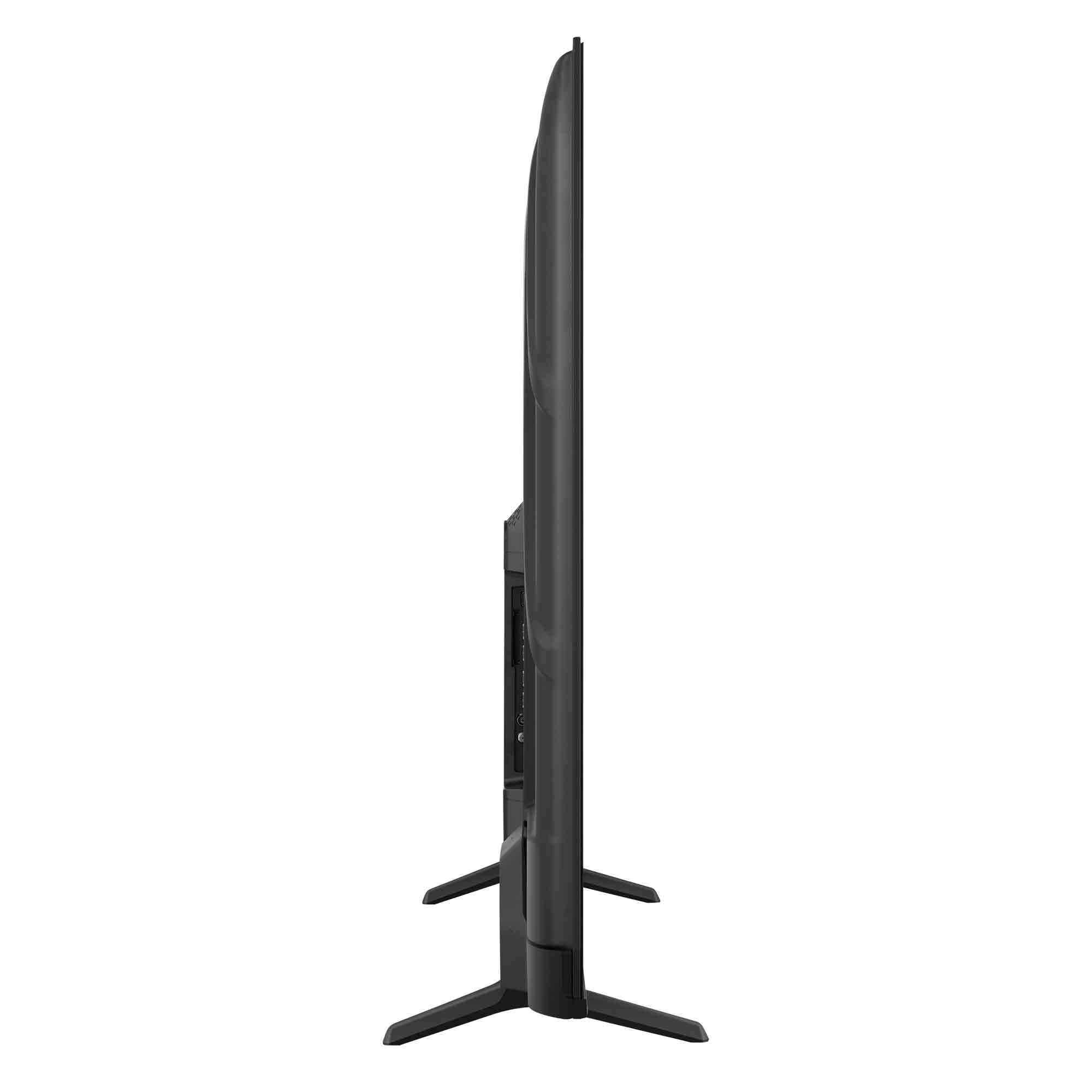 Schwarzer Fernseher von der Seite mit Standfuß auf weißem Hintergrund.