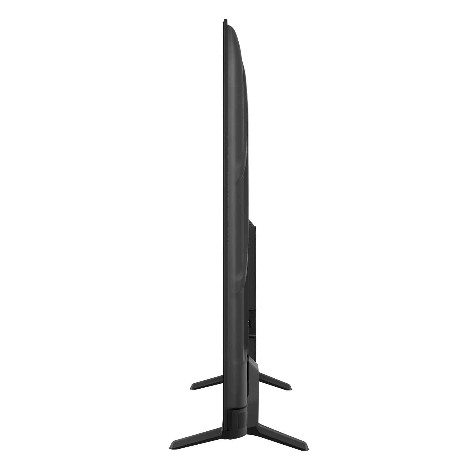 Schwarzer Fernseher mit zwei Standfüßen, von der Seite gesehen.