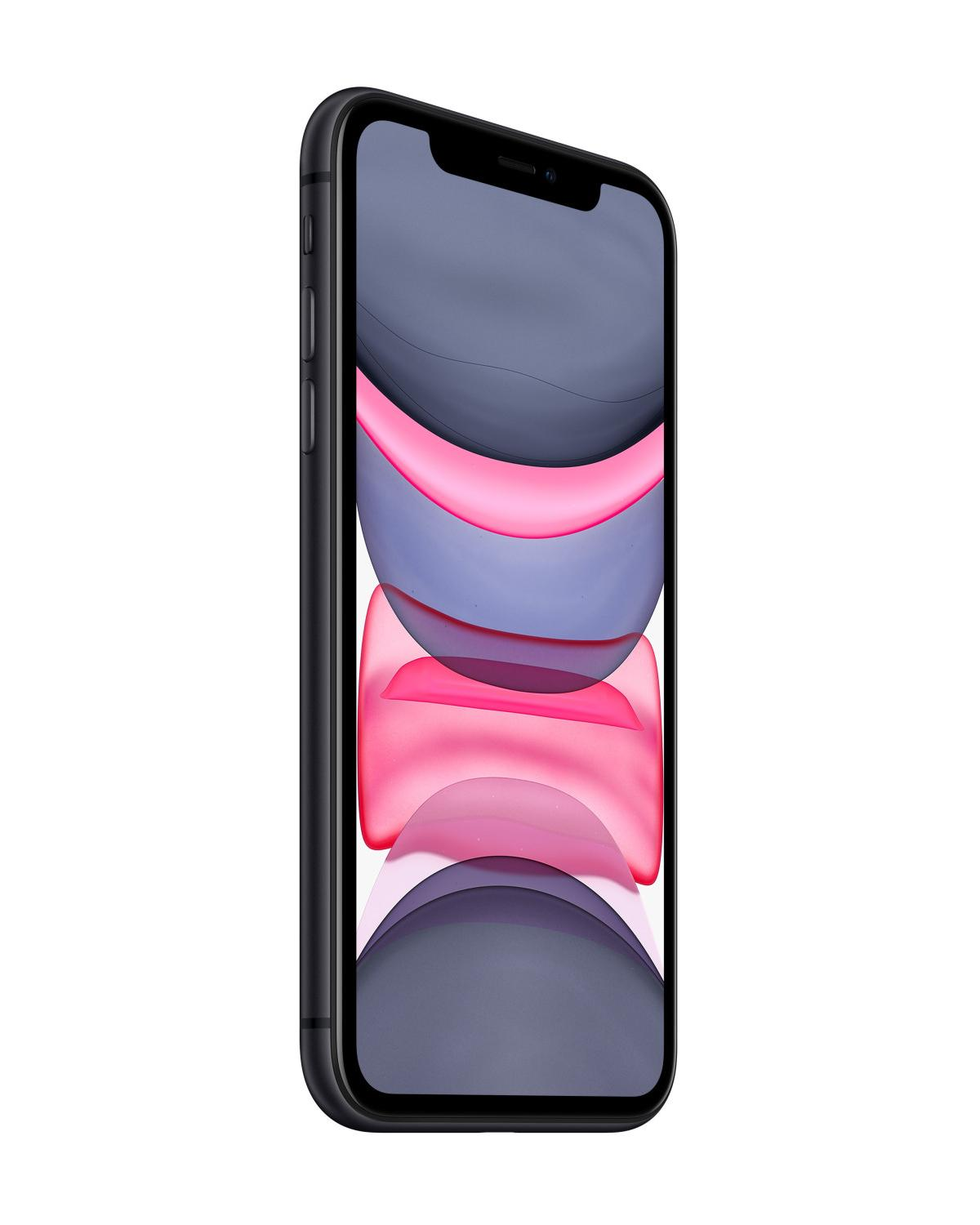 Un iPhone negro que muestra un fondo de pantalla colorido hecho de formas suaves y curvas.