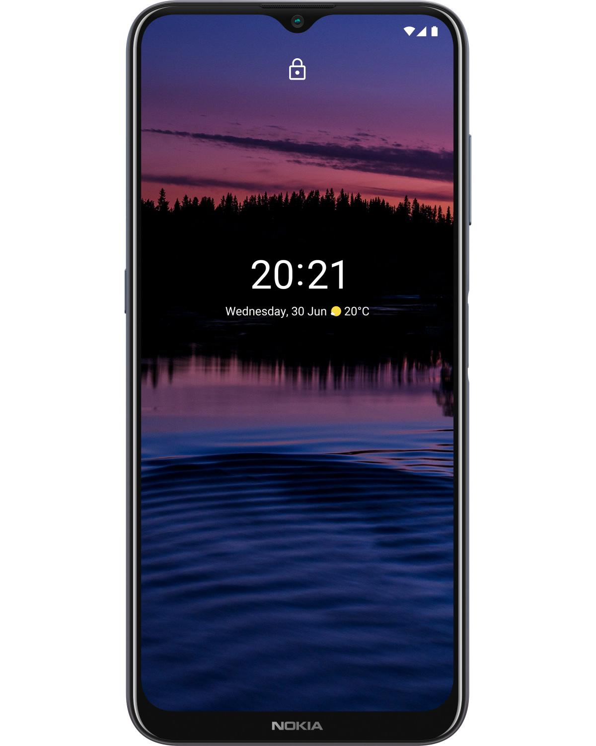 Un smartphone que muestra una pantalla de bloqueo con un paisaje al atardecer.