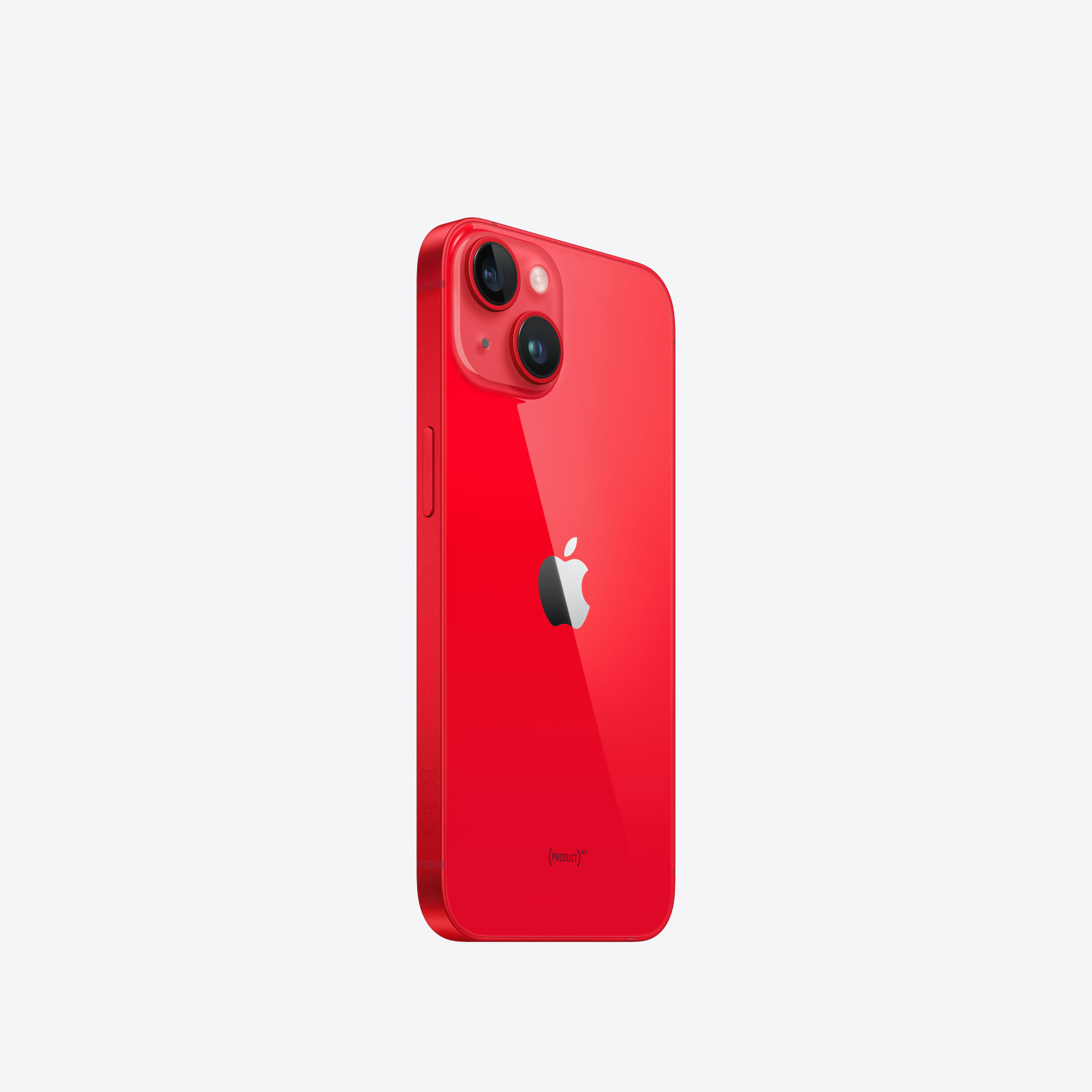 iPhone rosso con doppia fotocamera, logo Apple e testo "Product(RED)" su sfondo bianco.