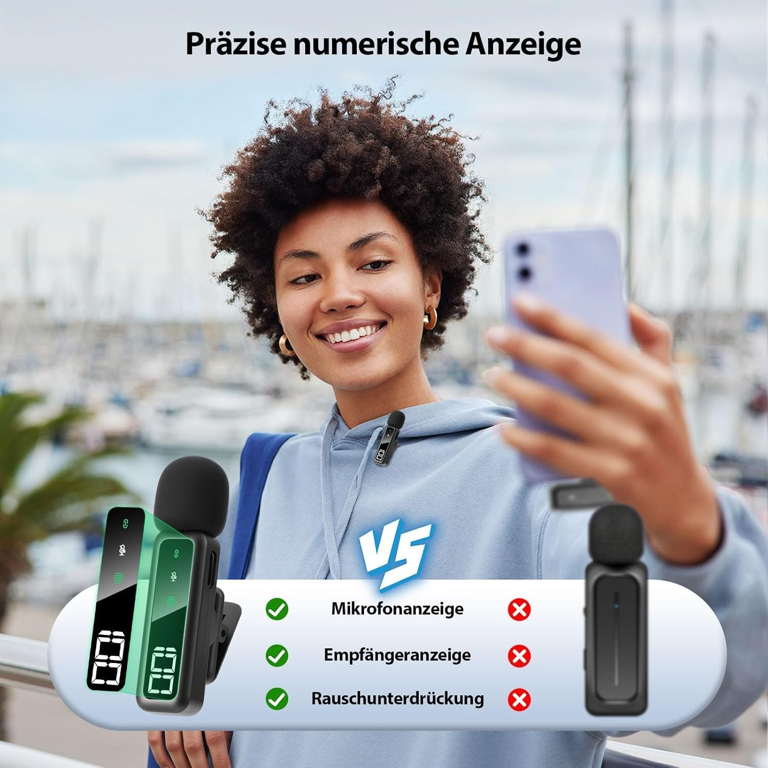 Frau mit Mikrofonen und Handy. Digitale Anzeige auf Mikrofonen.
