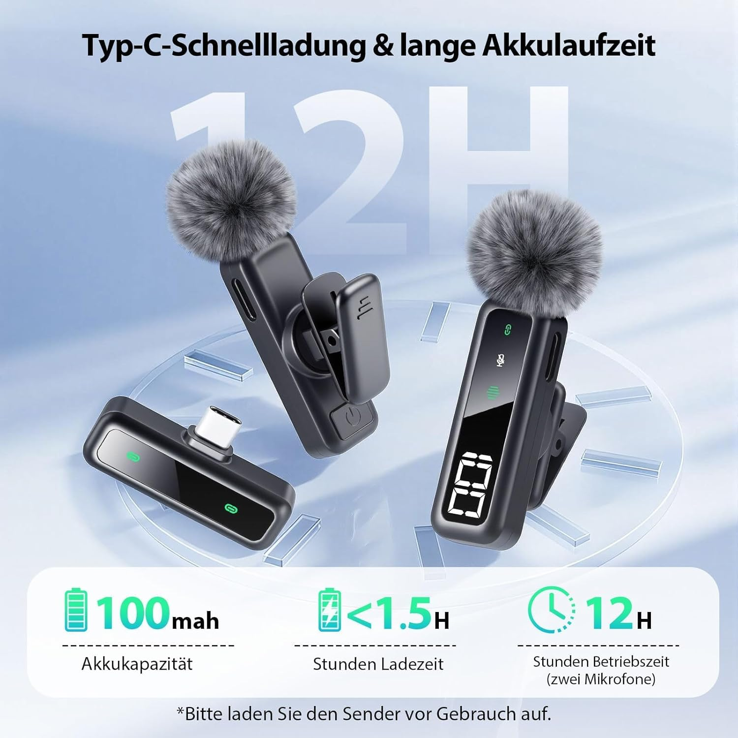 Drei drahtlose Mikrofone mit Fellwindschutz und Ladeanschluss. 100 mAh Akku, <lt/>1,5 Std Ladezeit.