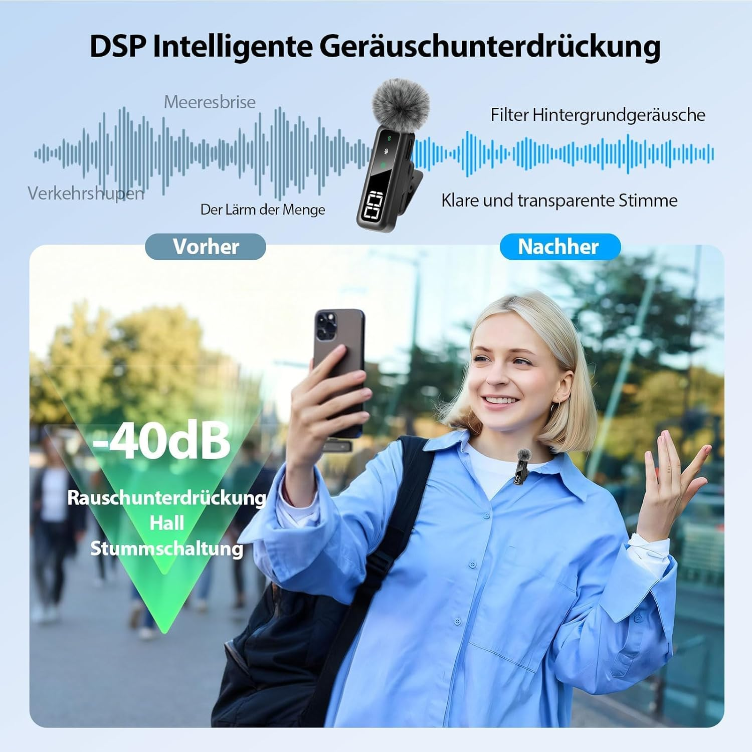 Frau mit Mikrofon nimmt sich mit Handy auf, zeigt Geräuschunterdrückung.