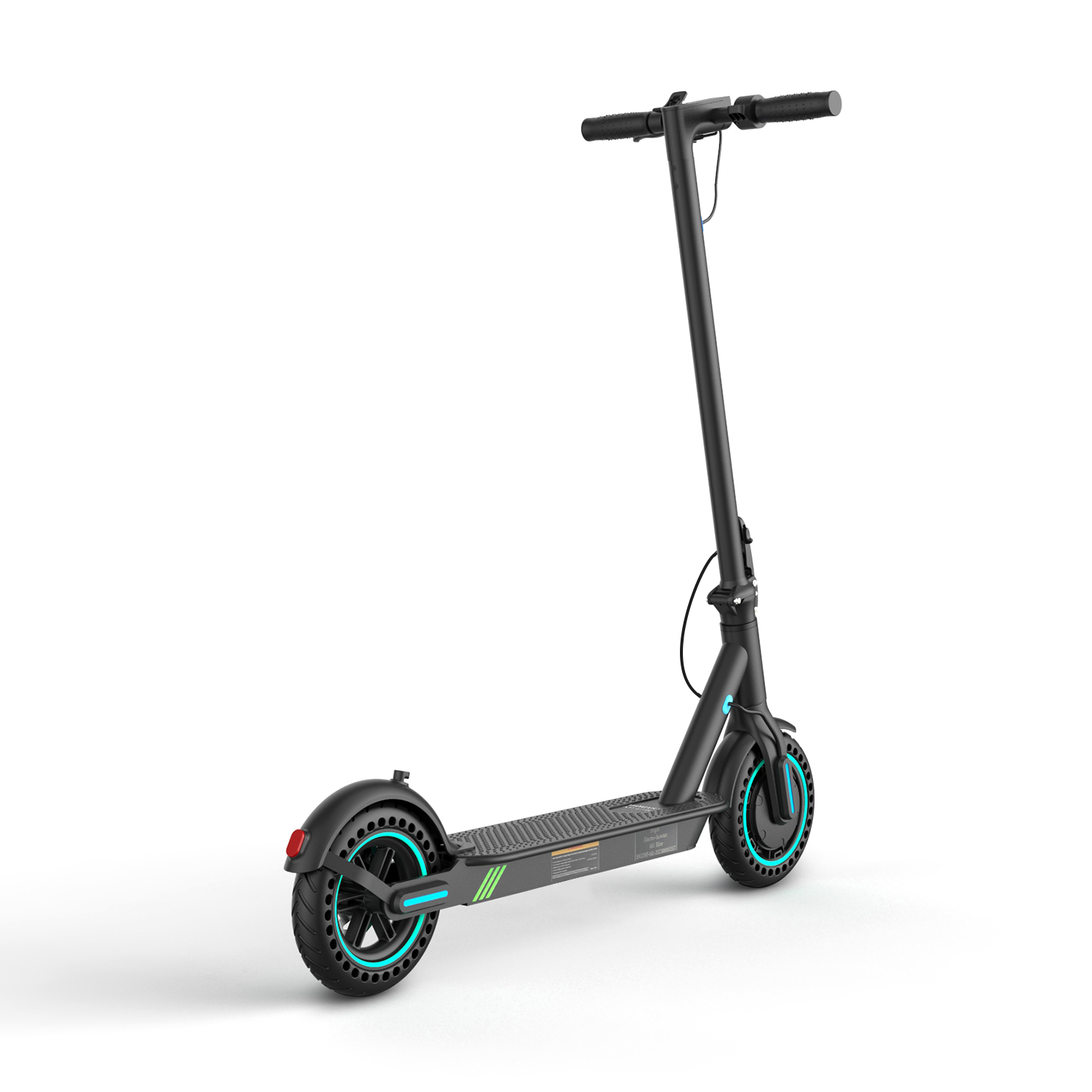 Monopattino elettrico nero con ruote illuminate di blu e pedana bassa su sfondo bianco.