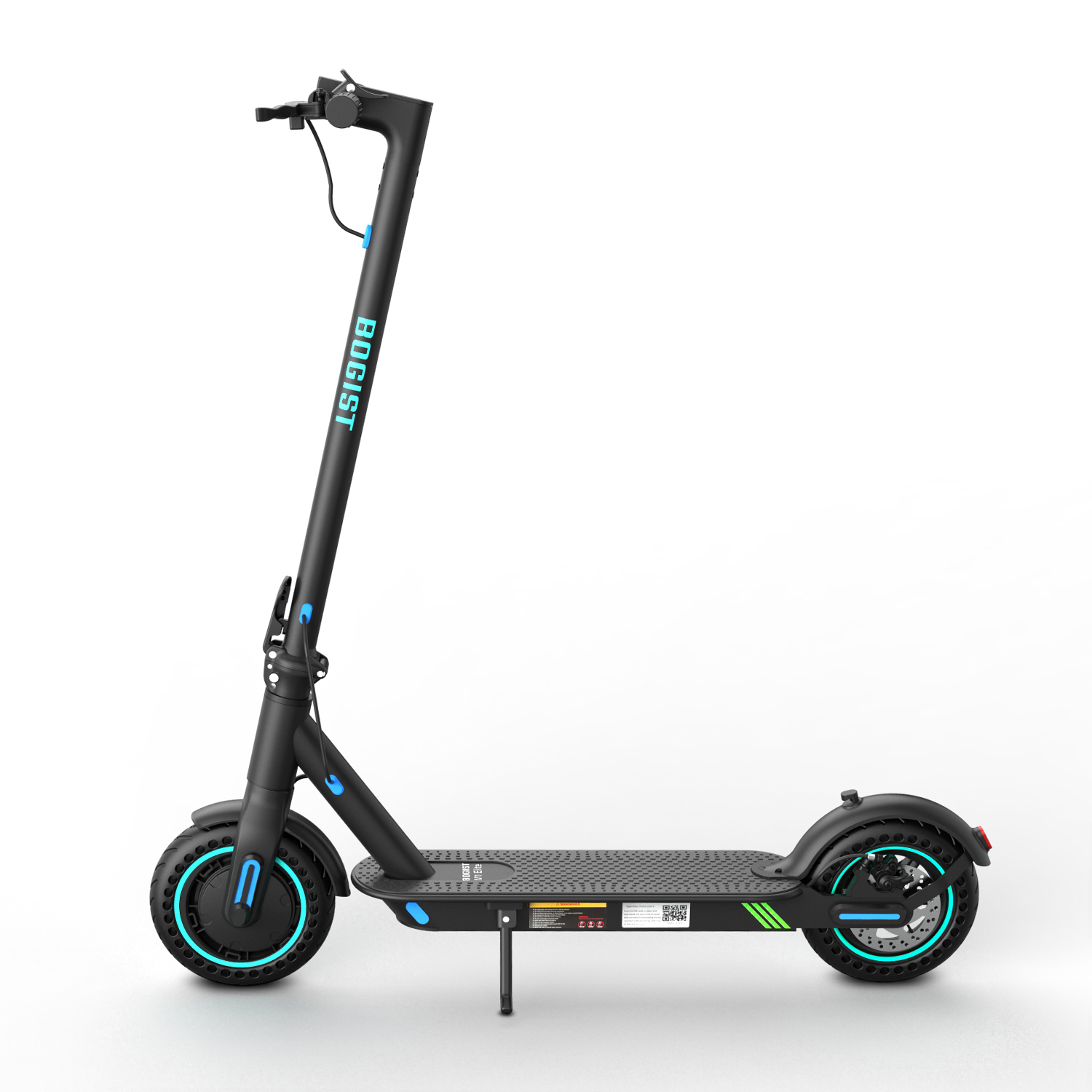 Monopattino elettrico nero con accenti blu e marchio BOGIST.