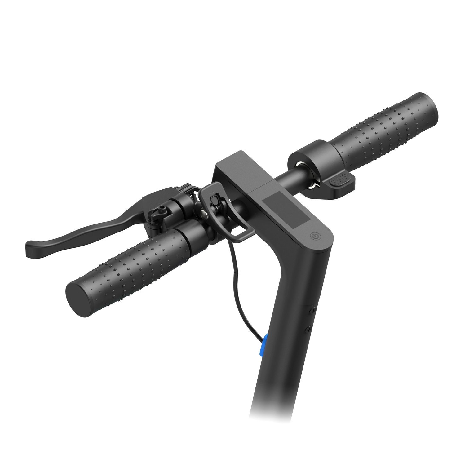 Manubrio di un monopattino elettrico nero con manopole, leva del freno e display.
