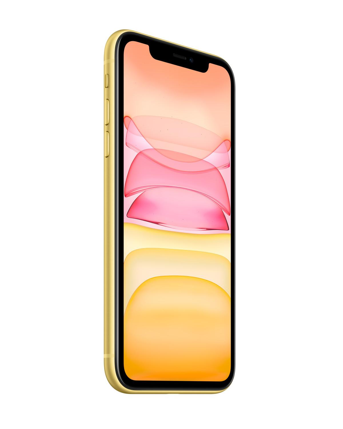 Ein gelbes iPhone mit einem bunten Hintergrund auf dem Bildschirm.
