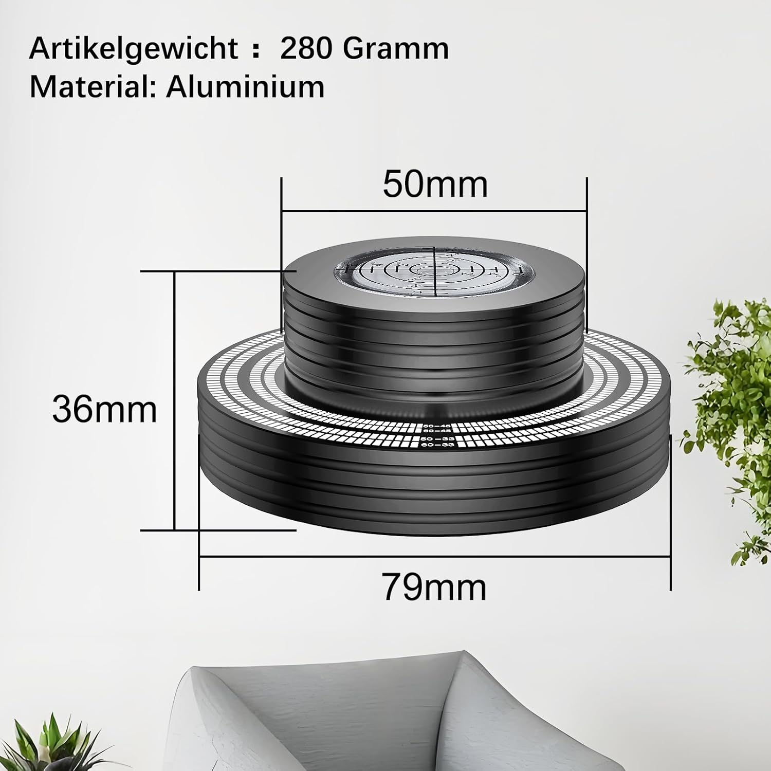 Schwarzer Plattenteller mit Maßen 79mm x 50mm x 36mm. Material: Aluminium.