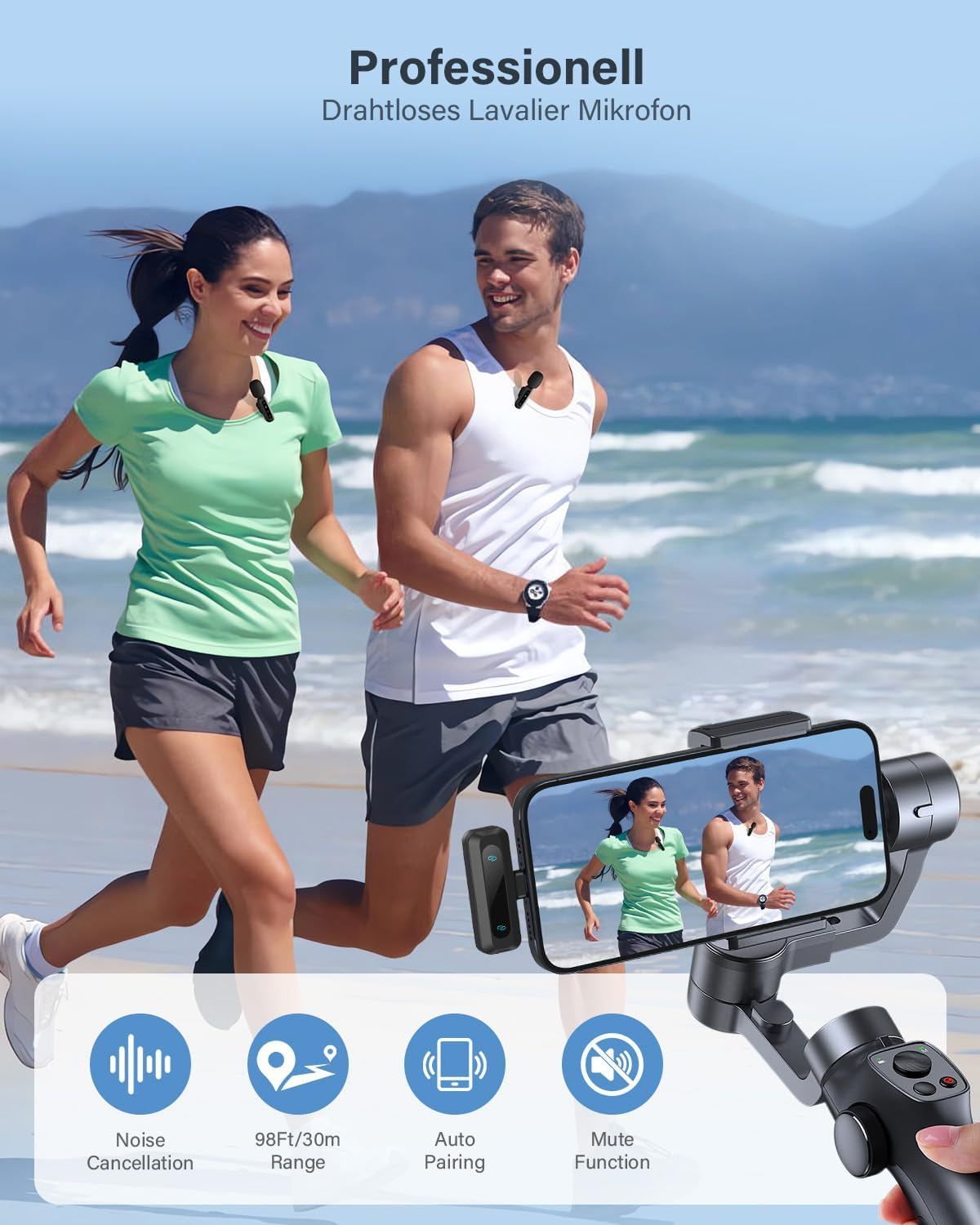 Paar rennt am Strand mit kabellosen Mikrofonen. Telefon nimmt sie auf, zeigt Funktionen.