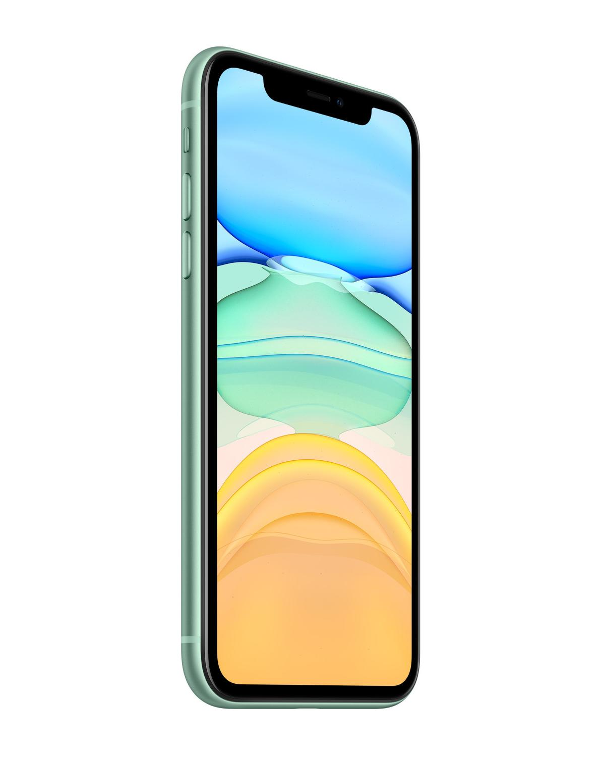 Ein grünes Smartphone mit einem bunten Hintergrundbild im Vollbildmodus.