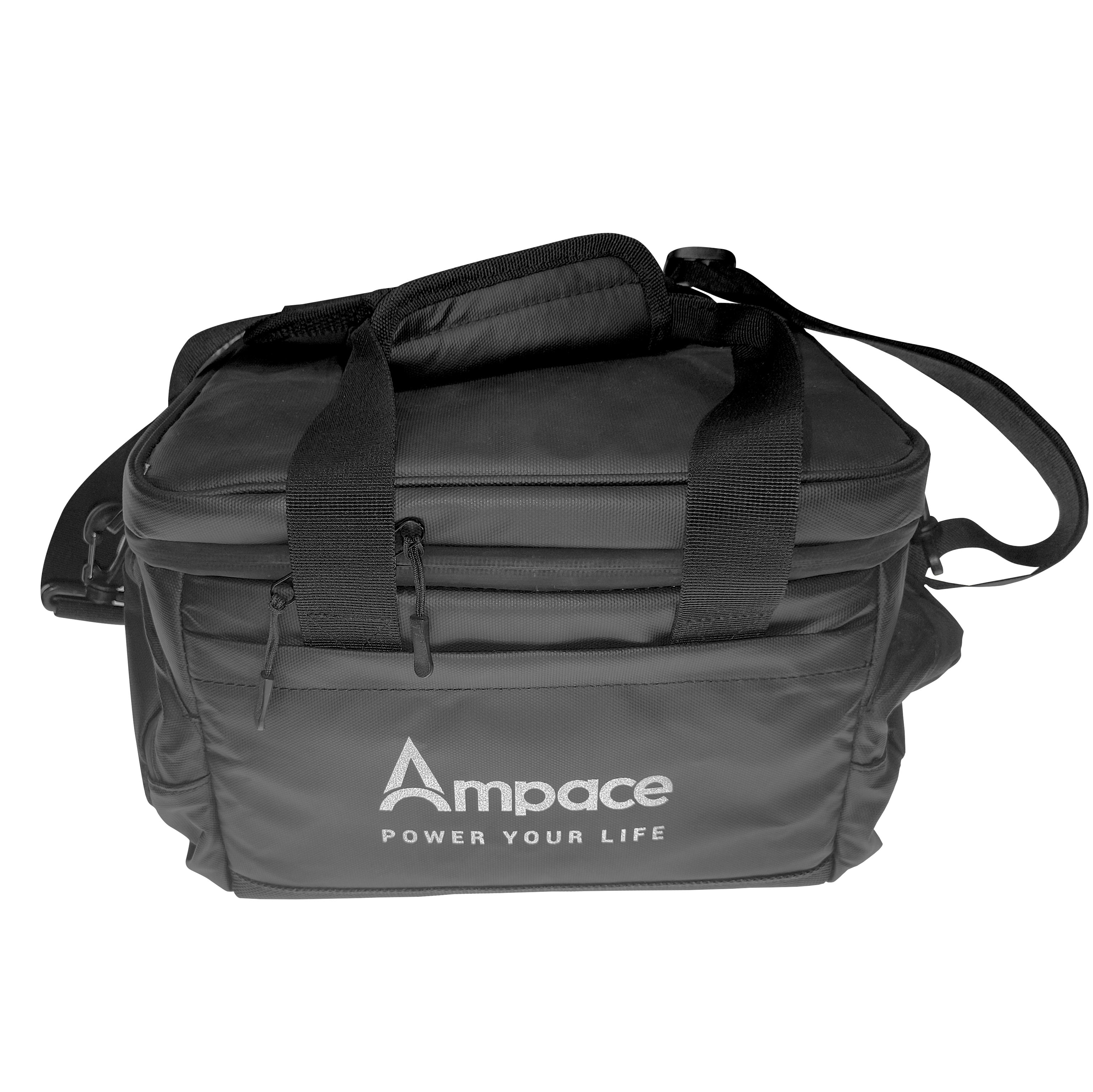Schwarze Kühltasche mit Tragegriff und Reißverschluss.
