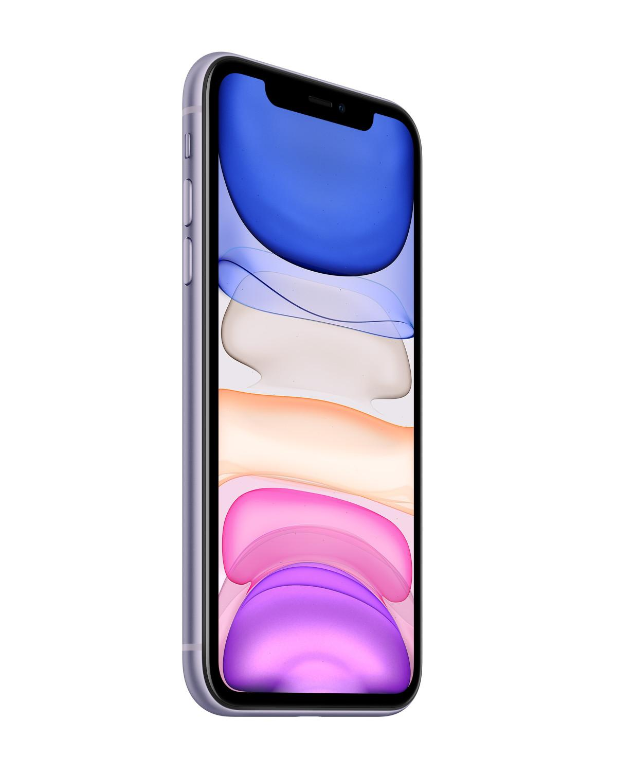 Ein lila iPhone 11 mit einem bunten Hintergrundbild ist auf weißem Grund abgebildet.