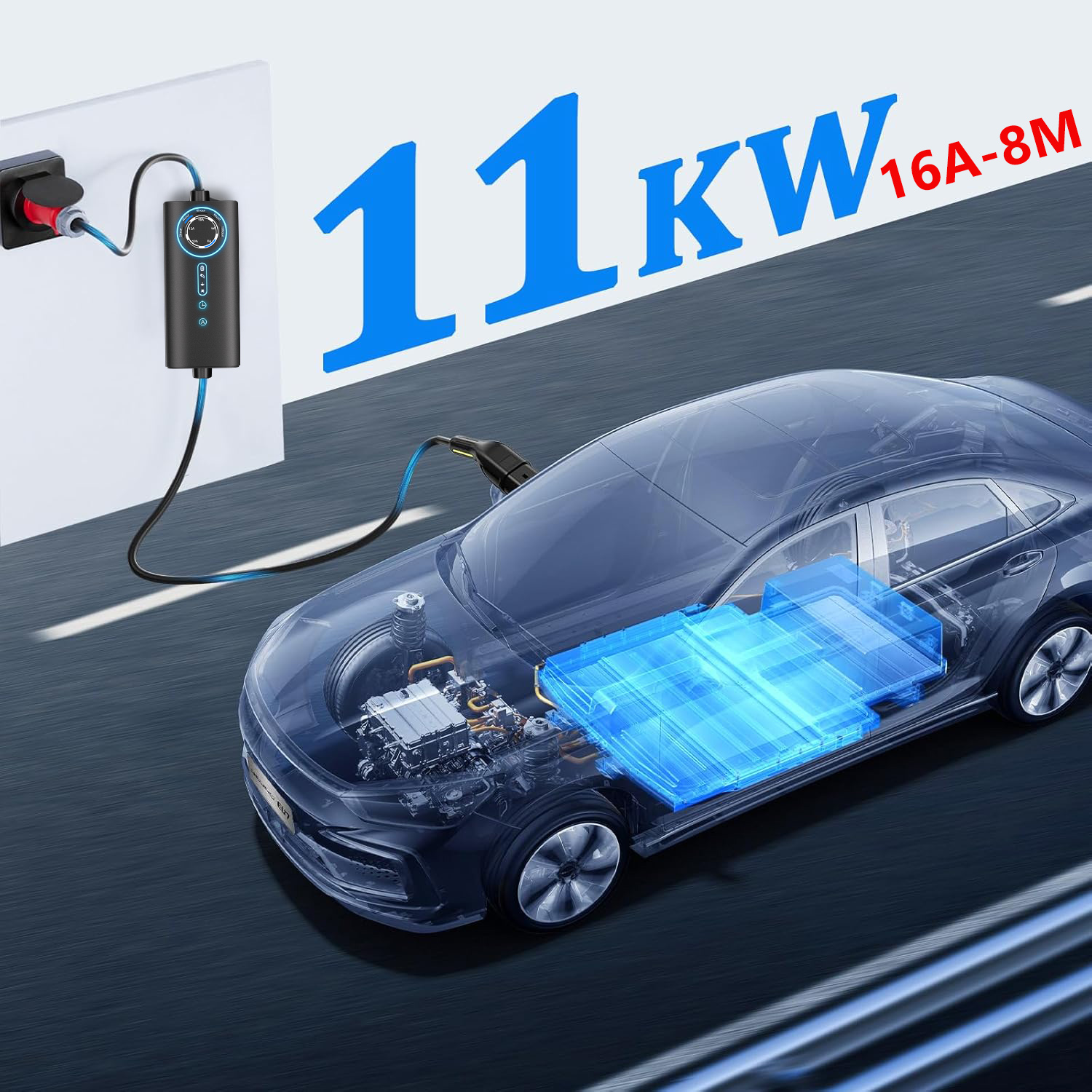 Transparenter Wagen zeigt 11kW Ladung, Batterie, Motor. Ladegerät an Wand angeschlossen.