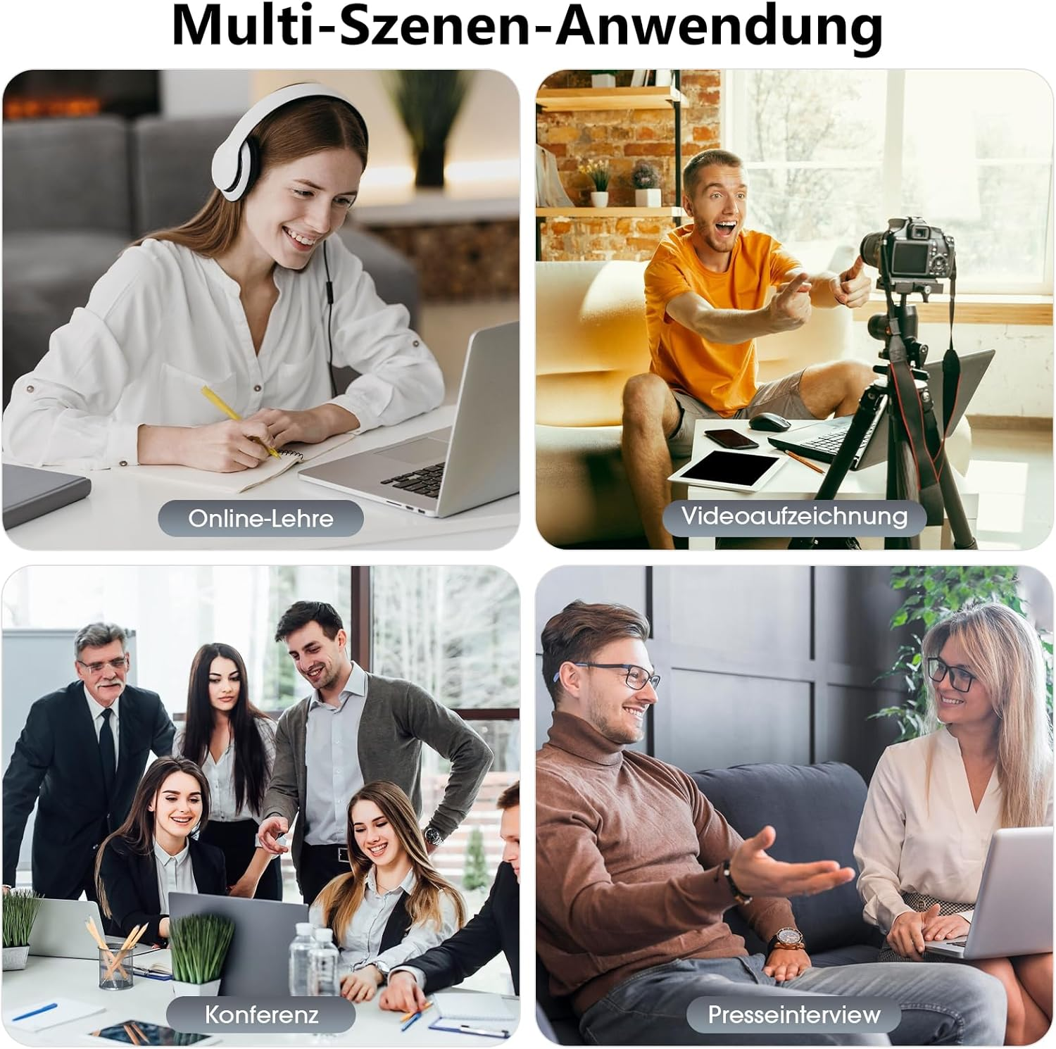 Vier Szenen: Online-Unterricht, Videoaufnahme, Konferenz, Presseinterview.