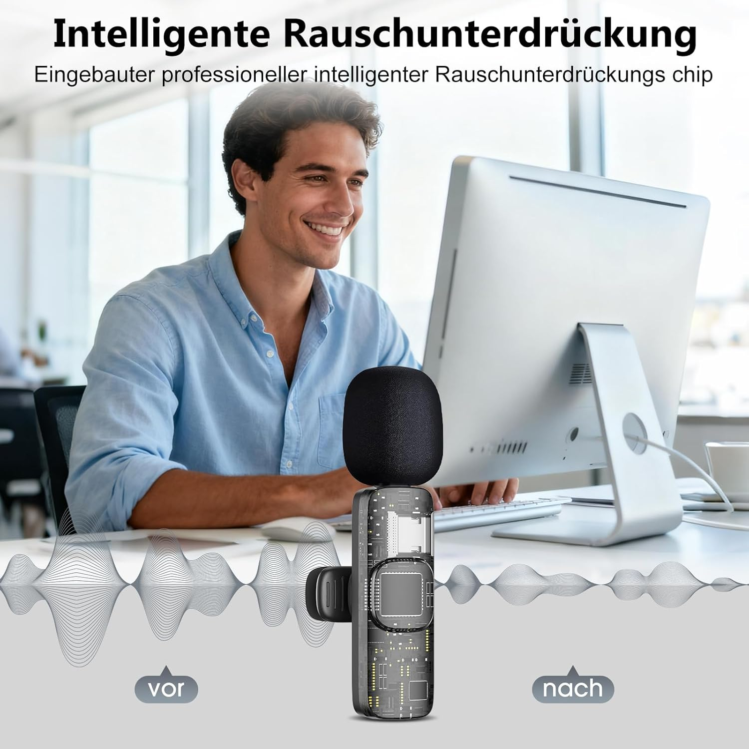 Mann am Schreibtisch mit Mikrofon und Computer, mit Wellenform-Anzeige.