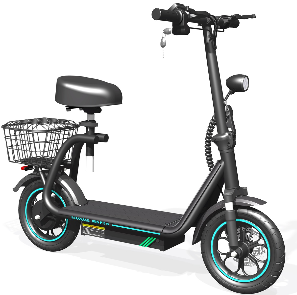 Monopattino elettrico nero con sedile, cestino e accenti blu.