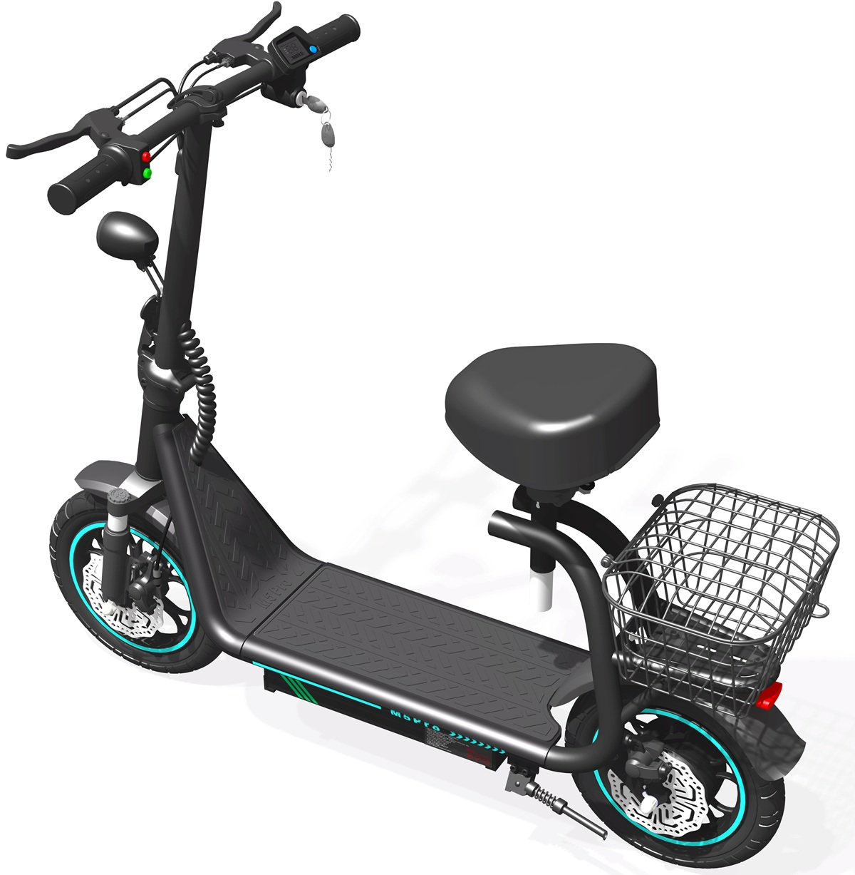 Uno scooter elettrico nero con sedile, cestino e accenti blu sulle ruote.