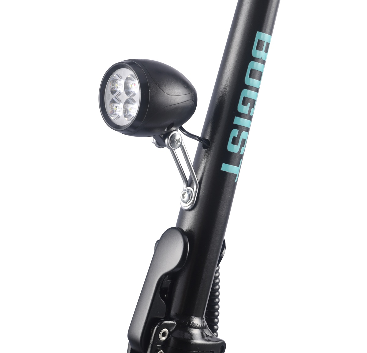 Manubrio monopattino elettrico nero con faro LED e la scritta "BUGIST".